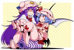  :d :i bangs bat_wings blue_hair blunt_bangs bow bowtie carrying commentary_request crescent crescent_hair_ornament eichi_yuu flying_sweatdrops frills full_body hair_bow hair_ornament hat hat_ribbon heavy high_heels kneeling lifting_person long_hair mob_cap multiple_girls open_mouth patchouli_knowledge pink_footwear pink_hat pink_shirt pink_skirt pointy_ears princess_carry puffy_short_sleeves puffy_sleeves purple_eyes purple_hair red_bow red_eyes red_neckwear red_ribbon remilia_scarlet ribbon seiza shaded_face shirt shoe_bow shoes short_sleeves sitting skirt smile sweat touhou trembling very_long_hair wings wrist_cuffs yellow_background 