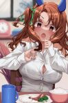 1girl absurdres animal_ears blurry blurry_background blush bow breasts broccoli brown_eyes brown_hair button_gap buttons cleavage collarbone commentary_request cup dilated_pupils ear_covers food fried_egg highres holding horse_ears horse_girl horse_tail king_halo_(umamusume) long_hair long_sleeves looking_at_viewer mug open_mouth parted_bangs plate red_eyes rice salt sausage shirt sitting solo surprised tabunshake tail umamusume upper_body vegetable white_shirt 