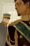  2boys aiguillette alternate_facial_hair brown_eyes brown_hair chengongzi123 collared_jacket dark-skinned_male dark_skin facial_hair goatee golden_kamuy green_eyes hat highres indoors jacket koito_otonoshin looking_at_another looking_at_viewer looking_back male_focus military_hat military_uniform multiple_boys sash short_hair tsukishima_hajime uniform upper_body very_short_hair 