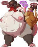 absurd_res american_opossum anthro anthro_pred anthro_prey areola belly belly_tuft big_belly big_breasts biped bloated blush breast_size_difference breasts brown_hair butt collar dialogue digital_media_(artwork) duo english_text female female/female female_pred female_prey forked_tongue hair hair_over_eyes hand_on_belly hand_on_own_belly hi_res highlights_(coloring) holding_another holding_collar holding_object horn huge_belly huge_breasts huge_thighs impaledwolf kobold larger_anthro larger_female mammal marsupial nipples overweight overweight_anthro overweight_female pink_eyes pink_nipples pink_nose ponytail red_highlights size_difference smaller_anthro smaller_female speech_bubble spiked_collar spikes struggling struggling_prey talking_to_another text thick_calves thick_thighs threatening_vore tongue tongue_out tuft vore