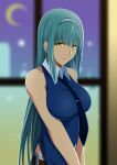  1girl absurdres blue_hair blunt_bangs breasts crescent_moon eiyuu_densetsu highres hime_cut indoors kuro_no_kiseki kuro_no_kiseki_ii large_breasts looking_at_viewer moon navel necktie risette_twinings sidelocks sleeveless smile solo tennen_ahoke tie_clip window yellow_eyes 