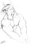  biceps equine hair half_length_portrait male mammal melee melee_weapon monochrome muscular muscular_male solo sword trogan vein weapon 