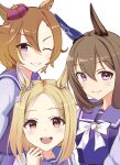  3girls :d ;) absurdres admire_vega_(umamusume) animal_ears blonde_hair bow bowtie brown_hair crown ear_covers hair_between_eyes hanba_agu highres horse_ears horse_girl horseshoe_ornament long_hair long_sleeves looking_at_viewer mini_crown multiple_girls narita_top_road_(umamusume) one_eye_closed purple_eyes purple_shirt sailor_collar sailor_shirt school_uniform shirt short_hair single_ear_cover smile t.m._opera_o_(umamusume) tracen_school_uniform umamusume upper_body white_bow white_bowtie 