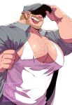  1boy adjusting_clothes adjusting_headwear arm_hair bara beard_stubble blonde_hair blue_shirt covered_nipples earrings facial_hair hat_over_eyes highres huge_pectorals jewelry kokukokuboo male_focus mature_male muscular muscular_male mustache open_clothes open_shirt original pectoral_cleavage pectorals shirt short_hair simple_background smile solo sparse_chest_hair stubble tank_top tongue tongue_out upper_body white_background white_tank_top 