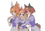  :d animal_ears blue_eyes blue_hairband blunt_bangs bow bowtie brown_hair ear_covers espoir_city_(umamusume) from_side furioso_(umamusume) glasses hair_ornament hairband hairclip highres horse_ears horse_girl horse_tail horseshoe_ornament long_hair looking_at_viewer looking_to_the_side multicolored_hair ningen3333 orange_hair pink-framed_eyewear pleated_skirt ponytail puffy_short_sleeves puffy_sleeves purple_bow purple_bowtie purple_serafuku red_eyes school_uniform serafuku short_hair short_sleeves sidelocks simple_background single_ear_cover skirt smile streaked_hair tail tail_through_clothes transcend_(umamusume) umamusume white_background white_hair white_skirt yellow_eyes 