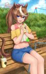  1girl absurdres amusement_park animal_ears bare_shoulders blue_eyes blush bow breasts commentary_request cup denim denim_shorts disposable_cup drinking_straw feet_out_of_frame hair_between_eyes hair_bow hedge highres holding holding_cup horse_ears horse_girl horse_tail long_hair m172/minatsu midriff multicolored_hair navel off-shoulder_shirt off_shoulder official_alternate_costume outdoors pink_bow ponytail shirt shorts sitting_on_bench smile solo streaked_hair tail tokai_teio_(umamusume) umamusume white_hair wooden_bench 