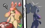 &lt;3 angry anthro anus big_breasts breasts dazzi_(pal) duo female flopie genitals gift hi_res humanoid nipples pal_(species) palworld pocketpair pussy rumbling_stomach short_stack simple_background tail xpbarq