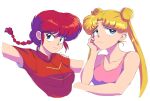  2girls artist_name bishoujo_senshi_sailor_moon blonde_hair blue_eyes braid braided_ponytail breasts chinese_clothes crossover earrings emlirjak frown jewelry multiple_girls ranma-chan ranma_1/2 red_hair sad tsukino_usagi 