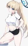  1girl absurdres black_shorts blonde_hair blue_archive blue_eyes blue_halo blush breasts closed_mouth dolphin_shorts gen_(unzzenasd) halo highres large_breasts long_hair looking_at_viewer navel ponytail shirt short_sleeves shorts simple_background solo toki_(blue_archive) white_background white_shirt 