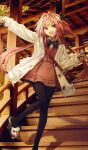  1boy astolfo_(fate) astolfo_(saber)_(fate) astolfo_(tour_outfit)_(fate) bag black_bow black_pantyhose bow cardigan cellphone dress fang fate/apocrypha fate/grand_order fate_(series) hair_bow hair_intakes handbag holding holding_phone konoe_ototsugu long_hair looking_at_viewer male_focus multicolored_hair official_alternate_costume open_mouth otoko_no_ko pantyhose phone pink_dress pink_hair purple_eyes skin_fang slippers smartphone smile solo stairs streaked_hair twintails very_long_hair white_cardigan white_hair 