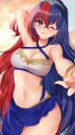  1girl alear_(female)_(fire_emblem) alear_(fire_emblem) arm_up armpits bare_arms bare_shoulders bikini blue_hair breasts cleavage commentary_request cowboy_shot criss-cross_halter edamameoka fire_emblem fire_emblem_engage halterneck highres large_breasts long_hair multicolored_hair navel official_alternate_costume red_hair sarong solo split-color_hair standing stomach streaked_hair swimsuit very_long_hair 