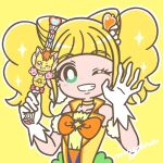  1girl ;d blonde_hair blunt_bangs blush bright_pupils brooch choker cure_sparkle earrings eyelashes gloves green_eyes grin hair_bun hair_ornament healin&#039;_good_precure healing_wand heart heart_hair_ornament heart_wand highres hiramitsu_hinata jewelry long_hair looking_at_viewer magical_girl mayena one_eye_closed outline pom_pom_(clothes) pom_pom_earrings precure signature simple_background smile solo star_brooch twintails upper_body white_gloves white_outline yellow_background yellow_choker 