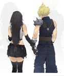  1boy 1girl armor black_hair black_skirt black_thighhighs blonde_hair blue_pants cloud_strife couple crop_top final_fantasy final_fantasy_vii final_fantasy_vii_remake from_behind hetero highres holding_hands midriff muscular muscular_male pants pauldrons ponytail pudelmudel shirt short_hair shoulder_armor single_pauldron skirt sleeveless sleeveless_shirt sleeveless_turtleneck spiked_hair sports_bra standing tank_top thighhighs tifa_lockhart turtleneck white_shirt 