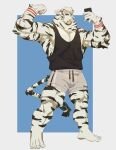 anthro arknights biceps bottomwear chivess clothing felid fur hair hi_res hypergryph male mammal mirror_selfie mountain_(arknights) muscular muscular_thighs pantherine pecs ponytail presenting selfie serious_face shirt shorts simple_background solo studio_montagne taking_picture tank_top tiger topwear white_background white_body white_fur