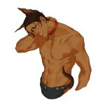  1boy animal_collar animal_ears arm_behind_head black_eyes black_pants brown_hair chengongzi123 collar cropped_torso dark-skinned_male dark_skin dog_boy dog_ears dog_tail golden_kamuy grin groin highres kemonomimi_mode koito_otonoshin looking_at_viewer male_focus pants red_collar scar scar_on_chest short_hair simple_background smile solo tail topless_male upper_body white_background 