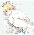  ahoge ankle_boots bangs belt blonde_hair bodysuit boots breasts bridal_veil chain closed_mouth dress fate/extra fate/extra_ccc fate_(series) flower gloves green_eyes hair_flower hair_ornament head_wreath high_heel_boots high_heels highres large_breasts leg_hug long_sleeves looking_at_viewer nero_claudius_(bride)_(fate) nero_claudius_(fate)_(all) simple_background sino_(sionori) skin_tight solo squatting thigh_strap thighhighs translation_request veil white_bodysuit white_dress white_footwear white_gloves white_legwear zipper 