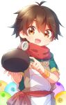  1boy :d absurdres blush bright_pupils brown_eyes brown_hair child creature hair_between_eyes happy highres holding holding_creature kami-tachi_ni_hirowareta_otoko looking_at_viewer male_focus nyaa_(nnekoron) open_mouth red_scarf ryouma_takebayashi scarf short_hair slime_(creature) smile solo_focus upper_body white_background 