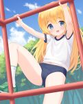  1girl blonde_hair blue_buruma blue_eyes blue_panties buruma climbing cloud green_footwear gym_uniform highres knee_up legs long_hair looking_at_viewer makigai navel open_mouth original outdoors panties panties_under_buruma panty_peek shirt shoes short_sleeves sky smile socks solo thighs tree underwear white_shirt white_socks yuria_(makigai) 