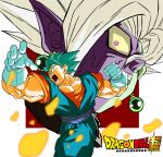  2boys blue_eyes blue_hair blue_sash clenched_hand collarbone colored_sclera colored_skin copyright_name dougi dragon_ball dragon_ball_super earrings fused_zamasu gloves green_hair hair_between_eyes highres jewelry looking_at_viewer male_focus melting multicolored_skin multiple_boys muscular muscular_male nostrils oharu2000 open_mouth orange_shirt pointy_ears potara_earrings purple_eyes purple_skin sash shirt simple_background spiked_hair super_saiyan super_saiyan_blue vegetto white_gloves white_hair yellow_sclera zamasu 