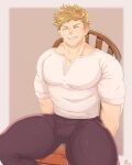  1boy absurdres artist_name bara black_pants blonde_hair chair closed_eyes commission granblue_fantasy highres large_pectorals male_focus muscular muscular_male pants pectoral_cleavage pectorals rapbitan shirt short_hair simple_background sitting smile solo teeth thick_thighs thighs vane_(granblue_fantasy) white_shirt 