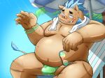 2024 anthro belly big_belly blush bodily_fluids bulge clothing gouryou hi_res inunodaidokoro kemono lifewonders male mammal moobs nipples overweight overweight_male palm_tree plant sitting solo suid suina sus_(pig) sweat swimwear tokyo_afterschool_summoners towel tree wild_boar