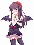  alternate_costume bangs bare_arms bare_shoulders bat_wings black_legwear blue_eyes blunt_bangs blush bow demon_girl embarrassed hair_bow hair_ribbon long_hair looking_at_viewer new_game! ponytail purple_hair ribbon shippo_(shishizaru) simple_background solo succubus sweatdrop takimoto_hifumi thighhighs white_background wings 