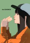  1girl absurdres bananafish1111 black_eyes black_hair commentary english_commentary english_text food green_background hat highres long_hair long_sleeves orange_shirt original parted_lips sandwich shirt simple_background solo teeth 