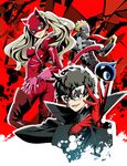  3boys amamiya_ren ass black_hair blonde_hair blue_eyes bodysuit breasts earrings gloves grey_eyes grin highres jewelry long_hair looking_at_viewer mask medium_breasts morgana_(persona_5) multiple_boys nyoro_(nyoronyoro000) persona persona_5 pink_gloves red_gloves sakamoto_ryuuji smile takamaki_anne teeth twintails yellow_gloves 