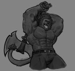 aldebrand_(dynogreeno) angry anthro axe belt black_body black_fur bottomwear clothing dark_body dark_fur dynogreeno ear_piercing fangs felid feline fur hi_res lion male mammal muscular muscular_male open_mouth pantherine pawpads piercing shirtless solo tail teeth weapon