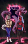 anthro bottomwear canid canine canis clothing demon domestic_dog duo eyes female female/female frost fur green grey hair hi_res humanoid husky kaimera mammal nails nordic_sled_dog pants pink restraints spitz straitjacket succubus wolf zerohenry