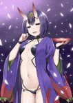  alcohol black_eyes blush breasts cherry_blossoms cowboy_shot cup eyebrows fangs fate/grand_order fate_(series) highres horns japanese_clothes kimono navel oni oni_horns open_mouth purple_hair sakazuki sake short_hair shuten_douji_(fate/grand_order) sky_(freedom) small_breasts solo wide_sleeves 