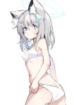  1girl animal_ears blue_archive blue_eyes breasts grey_hair heterochromia highres panties shiroko_(blue_archive) simple_background solo thighs underwear wang0424 white_background wolf_ears 