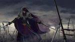  chinese_clothes cloud cloudy_sky dual_wielding field_of_blades grey_sky hair_ornament hair_over_one_eye highres holding long_hair male_focus muscle nira_(niratoro) planted_sword planted_weapon polearm purple_hair red_eyes sha_wu_sheng sky solo spear standing sword thunderbolt_fantasy weapon wide_sleeves 