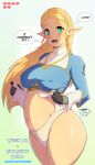 &lt;3 belly blonde_hair blue_clothing breasts breath_of_the_wild clothed clothing coffeeslice dialogue female gameplay_mechanics green_eyes gui hair health_bar hi_res humanoid humanoid_pointy_ears hylian long_hair looking_at_viewer nintendo nipple_outline not_furry pregnant pregnant_female pregnant_humanoid princess_zelda solo speech_bubble the_legend_of_zelda thick_thighs underwear