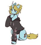 blonde_hair blue_body blush blush_lines bottomless clothed clothing colored cutie_mark digital_media_(artwork) equid equine female feral fur hair hand_on_mouth hasbro hoodie hoodie_only hooves horn horse mammal my_little_pony mythological_creature mythological_equine mythology pony simple_background sketch solo tail tied_hair topwear topwear_only unicorn vedacia vierra_(veevobyte) white_background