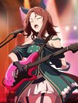 1girl animal_ears black_gloves blurry blurry_background brown_hair buttons closed_eyes cowboy_shot dress ear_covers electric_guitar frilled_dress frills garter_straps gloves green_dress guitar highres horse_ears horse_girl instrument king_halo_(umamusume) layered_dress medium_hair music open_mouth playing_guitar salmon_knight singing solo thighs umamusume 