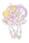  2girls :d ahoge animal_ears arm_up blonde_hair bow clock dress frilled_dress frills full_body gloves green_dress green_footwear hair_bow hand_on_own_cheek hand_on_own_face hand_up heart heart_print high_heels holding_hands idol_clothes idol_time_pripara long_hair looking_at_viewer manaka_laala mikannu multiple_girls open_mouth pantyhose pink_dress pink_footwear pretty_series pripara puffy_short_sleeves puffy_sleeves purple_eyes purple_hair rabbit_ears ringlets short_sleeves simple_background smile standing star_(symbol) twintails two_side_up very_long_hair white_background white_gloves white_pantyhose yumekawa_yui 