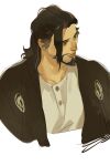  1boy beard brown_eyes brown_hair brown_jacket chengongzi123 closed_mouth cropped_shoulders facial_hair hanzo_(overwatch) highres jacket long_hair looking_to_the_side male_focus overwatch overwatch_1 shirt simple_background solo upper_body white_background 