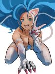 absurd_res animal_humanoid blue_hair breasts capcom cat_humanoid cleavage clothed clothing colored_nails cute_fangs darkstalkers felicia_(darkstalkers) felid felid_humanoid feline feline_humanoid female fur gesture green_eyes hair hand_gesture hi_res humanoid inner_ear_fluff looking_at_viewer mammal mammal_humanoid meke nails smile solo tuft v_sign white_body white_fur