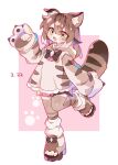  1girl :o animal_ears brown_hair brown_hoodie brown_thighhighs cat_ears cat_girl cat_tail dated fang full_body highres hood hoodie original paw_pose paw_print paw_print_background skin_fang solo tail thighhighs uenomigi white_background yellow_eyes 