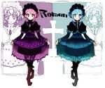  1boy 1girl black_dress black_headwear blue_eyes blue_hair bonnet brother_and_sister commentary_request cross crossdressing dorothy_west dress enouchi_ai full_body gothic_lolita lolita_fashion long_sleeves looking_at_viewer otoko_no_ko pink_eyes pink_hair pretty_series pripara puffy_sleeves reona_west short_hair siblings skirt_hold smile standing twins zoom_layer 