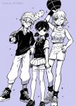  1boy 2girls ;d antenna_hair arm_up arms_at_sides aubrey_(omori) ball bare_arms bare_shoulders baseball_bat basketball_(object) beanie chewing_gum collarbone collared_shirt commentary_request covered_mouth crop_top expressionless full_body genderswap genderswap_(ftm) genderswap_(mtf) greyscale_with_colored_background grin hand_in_pocket hand_on_own_hip hat highres holding holding_baseball_bat holding_knife kel_(omori) knife looking_at_viewer multiple_girls navel omori one_eye_closed pants purple_background shirt shoes short_hair short_sleeves short_twintails shorts simple_background single_bracer skirt smile sneakers sparkle standing sunny_(omori) thighhighs toastytoast twintails vest 
