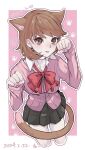  1girl animal_ears black_skirt blush border bow bowtie brown_eyes brown_hair cardigan cat_day cat_ears cat_tail chako_(p4amg1208) choker clenched_hands collarbone collared_shirt commentary_request cowboy_shot cropped_legs dated earrings hands_up heart highres jewelry long_sleeves looking_at_viewer loose_bowtie nail_polish outside_border parted_lips paw_pose persona persona_3 persona_3_reload pink_cardigan pink_nails pleated_skirt red_bow red_bowtie shirt short_hair skirt solo stud_earrings tail takeba_yukari white_border white_choker white_shirt 