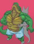  abs blush boxers_(clothing) clothing colored crocodile crocodilian ekaring male male/male muscular pecs pink_background reptile scalie simple_background underwear 