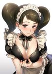  apron black_hair blush breasts brown_eyes choker cleavage frills gradient gradient_background hizuki_akira kawakami_sadayo large_breasts long_hair looking_at_viewer maid maid_apron maid_headdress persona persona_5 shirt_pull smile solo twintails 