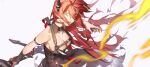  1girl arknights bare_shoulders black_dress breasts cleavage closed_mouth demon_horns dress hair_between_eyes hair_over_eyes highres holding holding_sword holding_weapon horns large_breasts long_hair medium_breasts purple_eyes red_hair simple_background solo surtr_(arknights) sword very_long_hair weapon wushier 