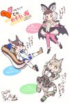  3girls animal_ears bat_ears bat_girl bat_wings boots brown_eyes brown_hair brown_long-eared_bat_(kemono_friends) camouflage cat_ears cat_girl cat_tail chipmunk_ears chipmunk_girl chipmunk_tail elbow_gloves extra_ears gloves grey_hair highres jacket jungle_cat_(kemono_friends) kemono_friends kemono_friends_3 kemono_friends_v_project kitsunetsuki_itsuki leotard microphone multiple_girls pantyhose ribbon shirt short_hair shorts siberian_chipmunk_(kemono_friends) simple_background skirt tail thighhighs translation_request twintails vest virtual_youtuber wings 