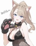  1girl animal_ear_fluff animal_ears bad_link bare_arms bare_shoulders bell black_choker blonde_hair blue_eyes blush breasts cat_ears cat_girl choker cleavage commentary food front-tie_top hair_ribbon highres looking_at_viewer medium_breasts neck_bell open_mouth original ponytail ribbon simple_background solo soybean_(hisoybean) symbol-only_commentary tongue tongue_out upper_body white_background 