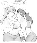  2girls ? belly blush breasts cleavage dachell_art english_commentary english_text eye_contact fat hair_ornament hair_scrunchie heart highres large_breasts long_hair looking_at_another midriff monochrome multiple_girls navel original pants ponytail scrunchie simple_background sparkle speech_bubble sports_bra sweat tight_clothes tight_pants white_background yuri 