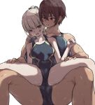  2girls blonde_hair blue_eyes breasts brown_hair carrying carrying_person competition_school_swimsuit dark-skinned_female dark_skin gym_uniform hands_on_another&#039;s_thighs height_difference highres kei_(m_k) large_breasts long_hair m_k multiple_girls original ponytail red_eyes rika_(m_k) school_swimsuit short_hair simple_background size_difference sweat swimsuit tall tall_female tan tomboy yuri 